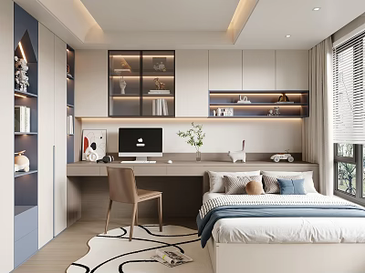Modern Tatami Bedroom Design With Desk Computer Bookshelves And Window Blinds 3d model