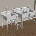 Two Stainless Steel Kitchen Sinks with Stands on Wooden Floor in Bright Room