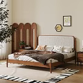 Double Bed with Wooden Headboard Cozy Bedding Pillows Nightstand Lamp Decorative Paintings Green Plant Rug