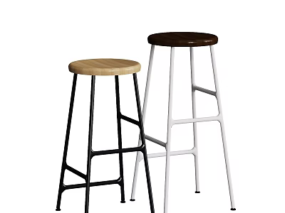 Two Stylish Bar Stools With Wooden Seats And Metal Legs In Black And White 3d model