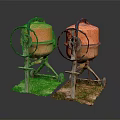 Two Orange Industrial Mixer Equipment With Metal Stands Black Wheels And Green Bases