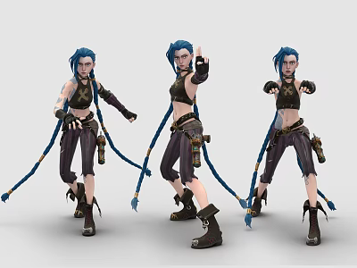 Game And Movie Character With Blue Hair In Various Action Poses And Stylish Outfits 3d model