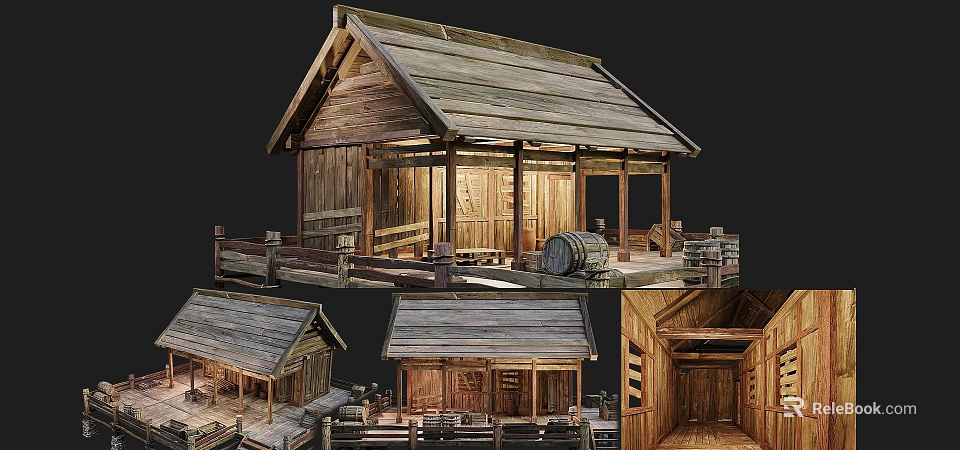 Traditional Ancient Wooden Building With Sloped Tiled Roof Open Platform And Wooden Beam Columns 3d model 