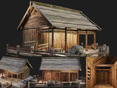 Traditional Ancient Wooden Building With Sloped Tiled Roof Open Platform And Wooden Beam Columns 3d model