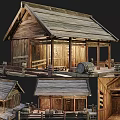 Traditional Ancient Wooden Building With Sloped Tiled Roof Open Platform And Wooden Beam Columns