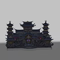 Cartoon Scene Of Chinese Traditional Palace With Flying Eaves Dragon Decorations And Purple Blue Roofs