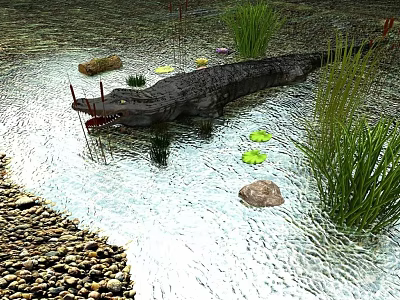 Aquatic Animal Crocodile Swimming In Water With Aquatic Plants Lily Pads And Stones 3d model