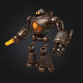 Steampunk Robot With Metallic Body Glowing Orange Core And Flaming Arm