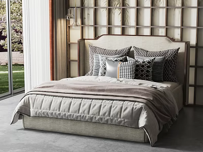 Modern Upholstered Double Bed With Soft Pillows And Quilted Bedding Set 3d model