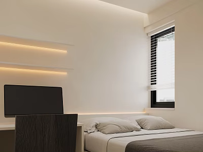 Tatami Bedroom Interior with Desk Shelves LED Lights Near Window Blinds Modern Minimalist Design 3d model