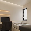 Tatami Bedroom Interior with Desk Shelves LED Lights Near Window Blinds Modern Minimalist Design