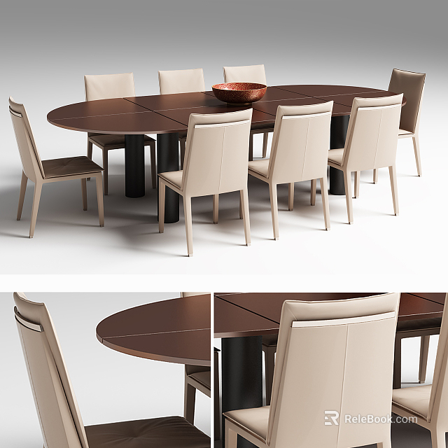 Round Wooden Dining Table Set With Six Beige Chairs And Black Legs 3d model 