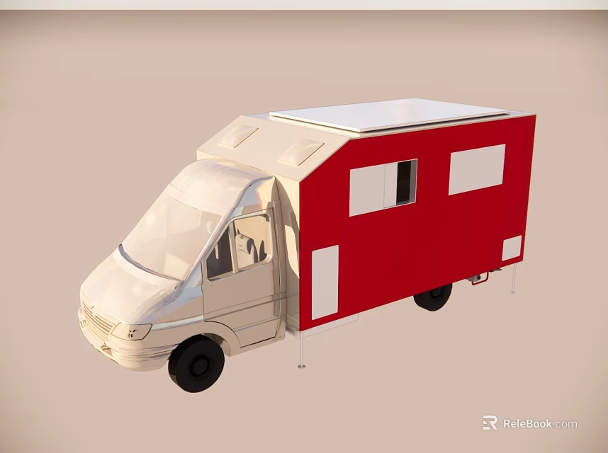 Functional Camping Vehicle With White Body Red Roof And Travel Windows 3d model 