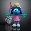 Blue Skinned Smurf Character Wearing Pink Dress Yellow Hat With Pink Flower And Butterfly Net