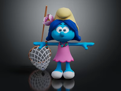 Blue Skinned Smurf Character Wearing Pink Dress Yellow Hat With Pink Flower And Butterfly Net 3d model