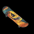 JAWS Skateboard As Sports Equipment With Cartoon Shark Design Against Yellow Wall And Brick Floor