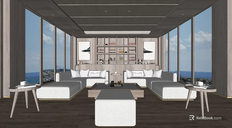Modern Hotel Guest Room With Sea View Large Windows Sofas Coffee Table And Display Shelves 3d model 