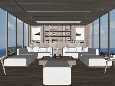 Modern Hotel Guest Room With Sea View Large Windows Sofas Coffee Table And Display Shelves 3d model
