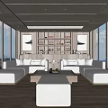 Modern Hotel Guest Room With Sea View Large Windows Sofas Coffee Table And Display Shelves