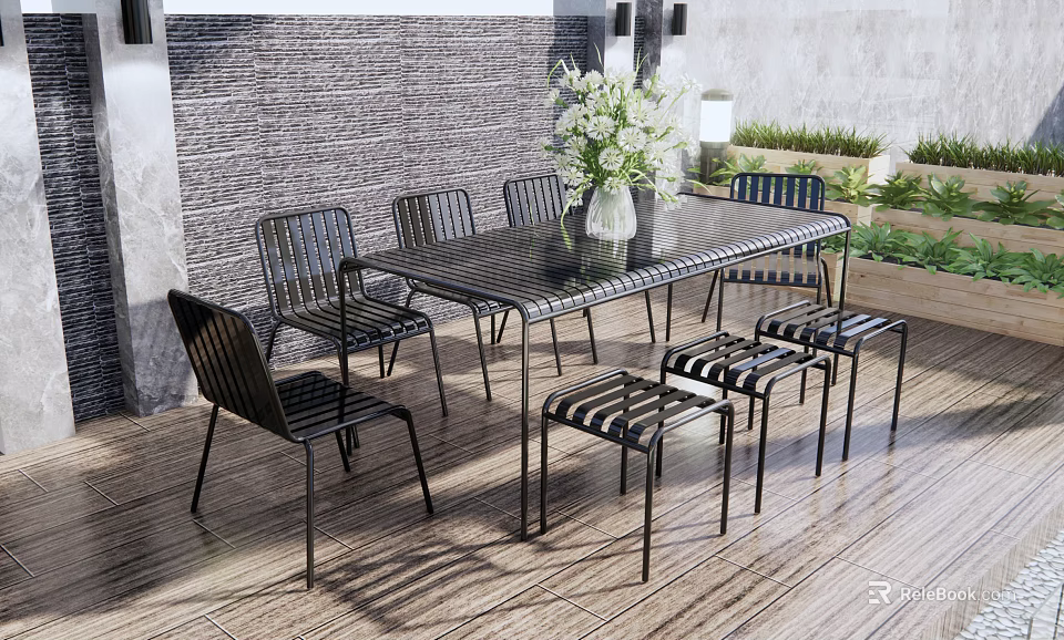 Modern Metal Table And Chairs Set With Flower Vase Striped Stools And Potted Plants 3d model 