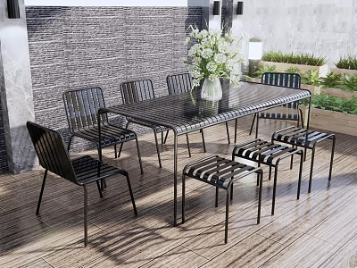 Modern Metal Table And Chairs Set With Flower Vase Striped Stools And Potted Plants 3d model