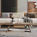 Modern Living Room Interior With Sofa Coffee Table Rug Decorative Painting And Rattan Chairs