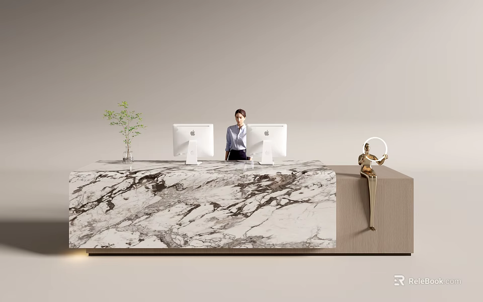 Modern Reception Desk Area With Marble Countertop Computers Receptionist Plant And Golden Decor 3d model 