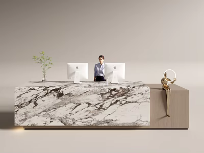 Modern Reception Desk Area With Marble Countertop Computers Receptionist Plant And Golden Decor 3d model