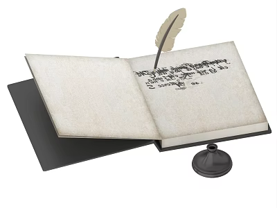 Vintage Open Notebook With Feather Quill And Handwritten Text On Rustic Paper Surface 3d model