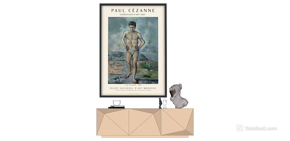 Paul Cézanne Bathing Man Figure Painting In Modern Living Room With Decorative Frame And Sculpture 3d model 