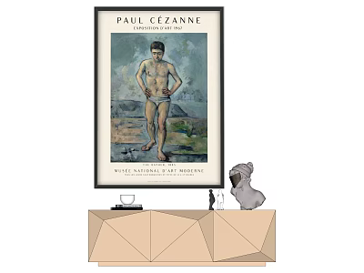 Paul Cézanne Bathing Man Figure Painting In Modern Living Room With Decorative Frame And Sculpture 3d model