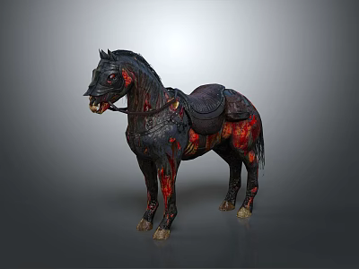 Dark Fantasy Character's Armored Black Horse With Red Stained Details And Saddle 3d model
