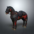 Dark Fantasy Character's Armored Black Horse With Red Stained Details And Saddle