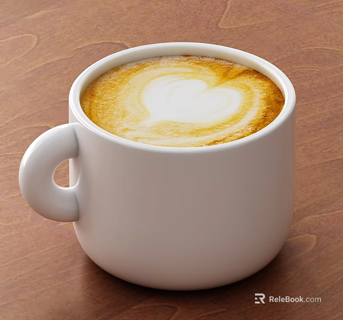 White Ceramic Mug With Heart Latte Art Coffee On Wooden Table 3d model 