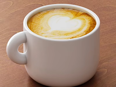 White Ceramic Mug With Heart Latte Art Coffee On Wooden Table 3d model