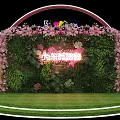 Stage With Headphone Shaped Arch Pink Flowers Green Plant Wall Neon Lights And Lawn Floor