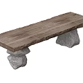 Rustic Wooden Stool With Long Plank Top And Stone Stacked Bases 3d model