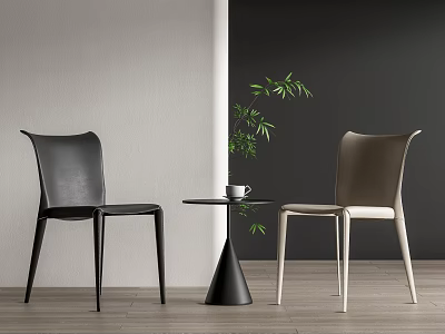 Modern Table And Chairs With Black Beige Seats Round Table Cup And Potted Plant 3d model