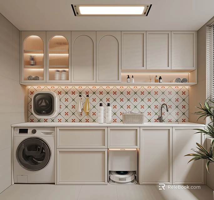 Home Balcony Design With White Cabinets Washing Machine Tile Backsplash Lighting And Potted Plant 3d model 