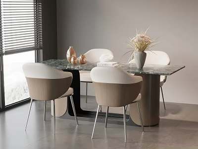 Modern Marble Top Dining Table with Beige Chairs Vase and Window Blinds 3d model