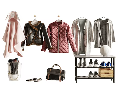 Fashionable Hanging Clothes Including Coats Jackets Cardigans With Bags Shoes And Accessories On Display Shelf 3d model