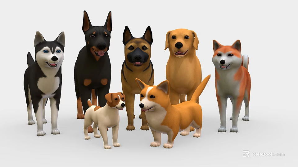 Various Dog Breeds 3D Models Standing Together On White Background 3d model 