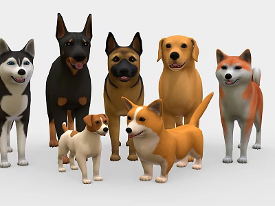 Various Dog Breeds 3D Models Standing Together On White Background 3d model