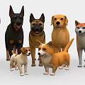 Various Dog Breeds 3D Models Standing Together On White Background 3d model