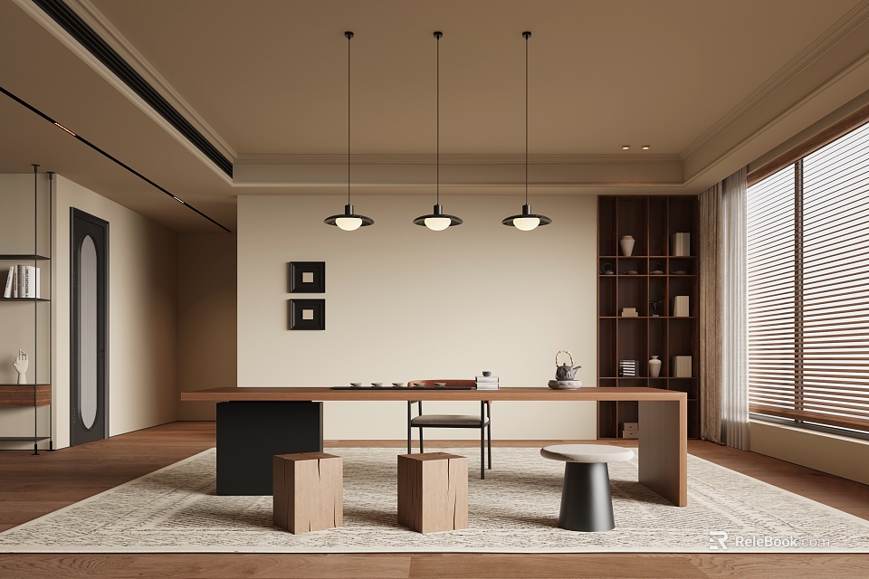 Minimalist Tea Room Interior With Wooden Table Stools Pendant Lights And Bookshelf 3d model 