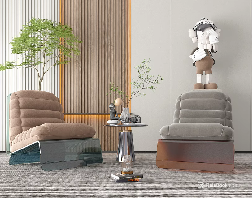 Modern Interior Leisure Chairs With Side Table Green Plant And Decorative Doll 3d model 