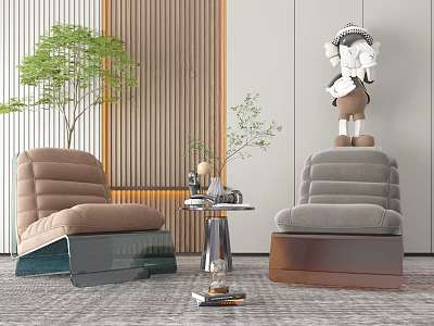 Modern Interior Leisure Chairs With Side Table Green Plant And Decorative Doll 3d model