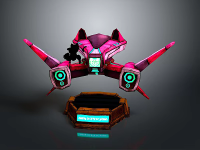 Sci Fi Mechanical Device With Pink Purple Accents Glowing Green Screen And Wooden Base 3d model