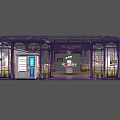 Elegant Grandiflora Shop Interior With Purple Display Shelves Marble Counters Green Plants And Ceiling Lighting