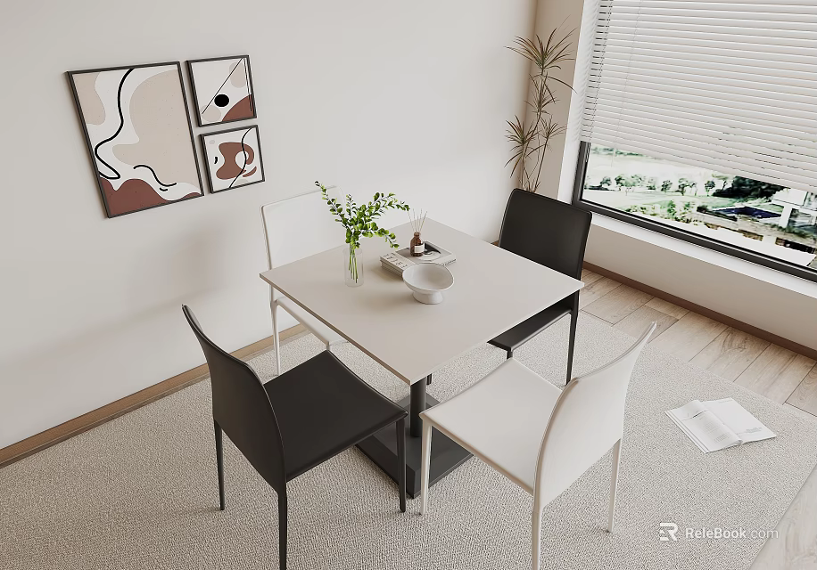 Modern Dining Table With Black And White Chairs Green Plant Wall Art And Window View 3d model 